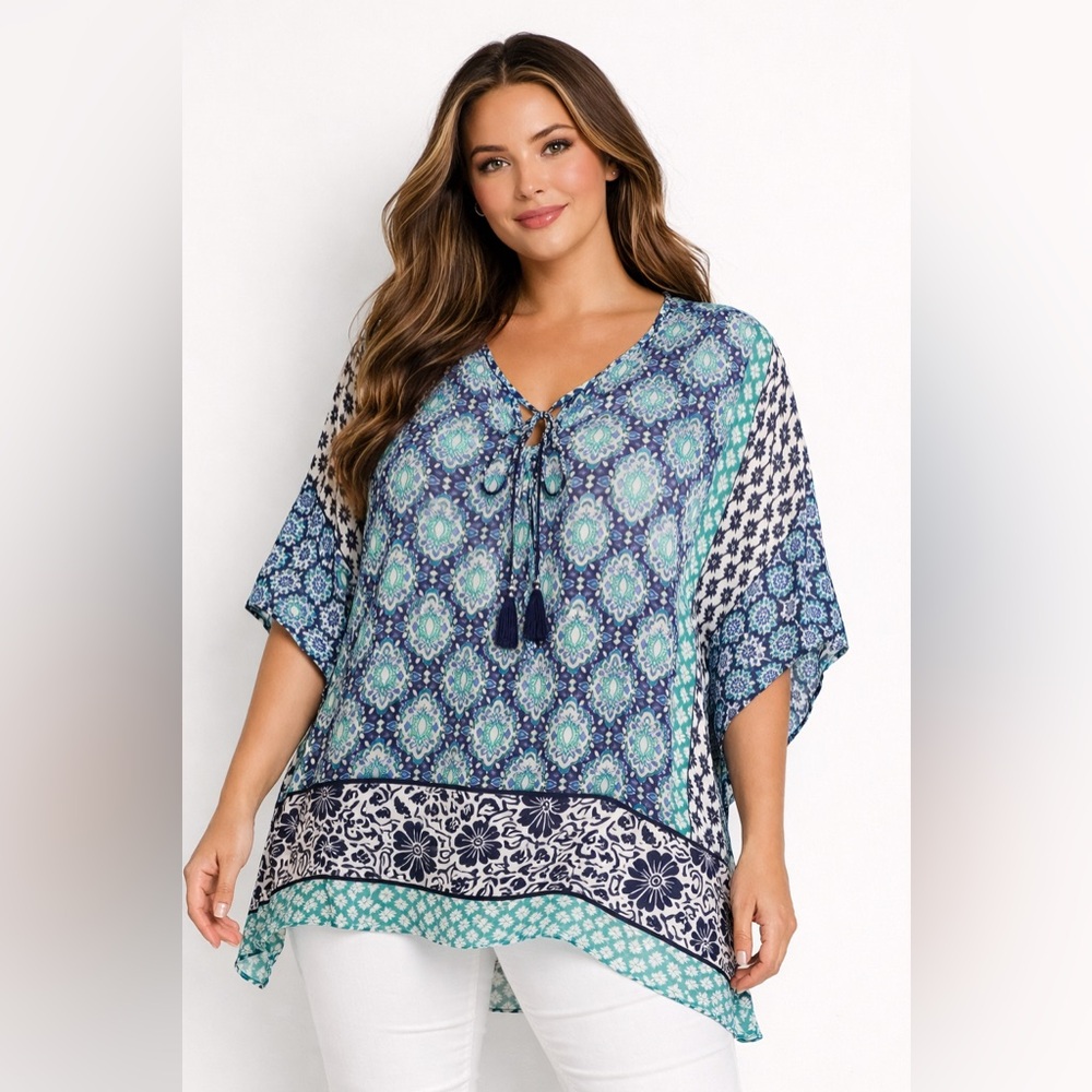 Tommy Bahama Boho Medallion Tunic Blouse Navy Teal White Tie-Front Flowing Top L